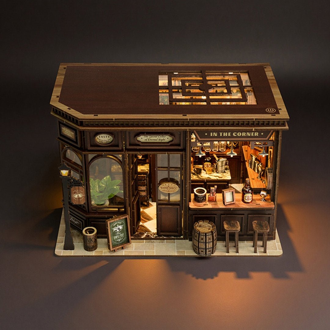 Detailed model of a bar with various elements on a dark background