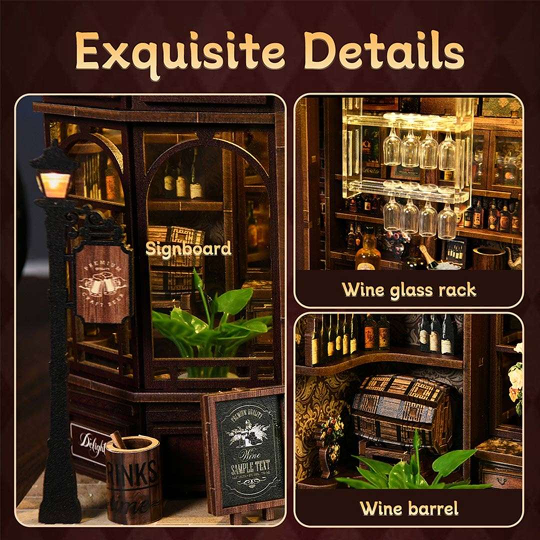 Collage of a miniature bar setup with wine bottles, glasses, and decor elements on a dark background.