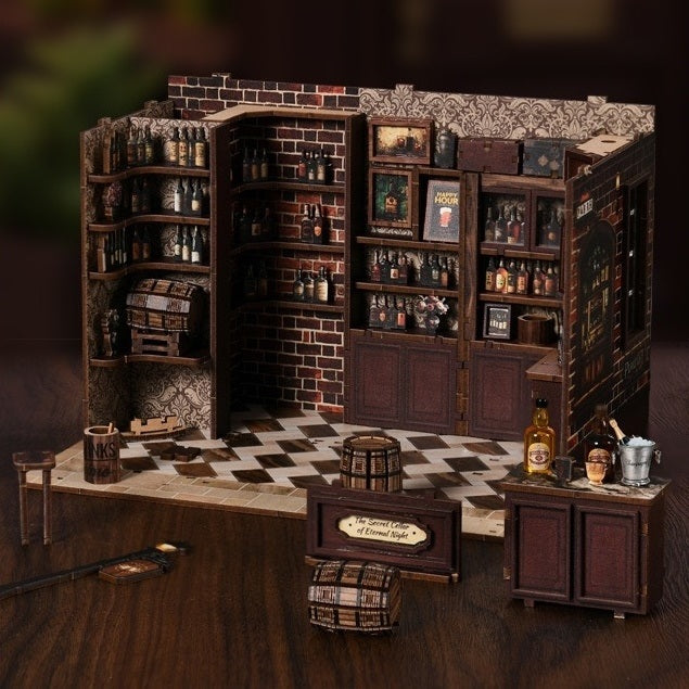 Detailed model of a bar interior with shelves, bottles, and decor.