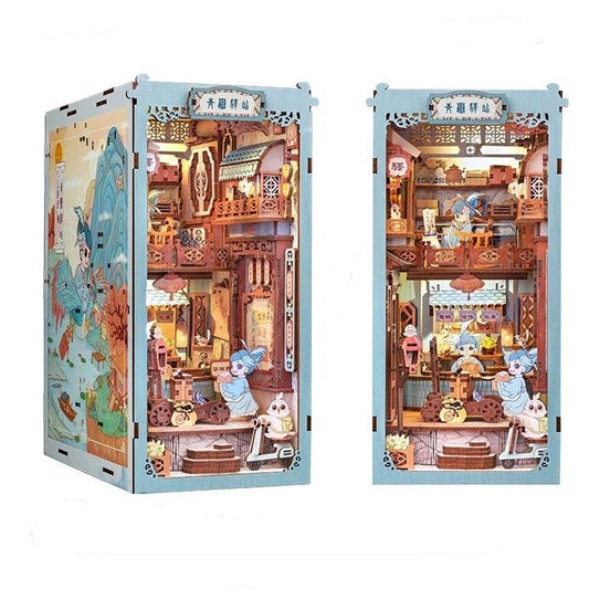 Azure Phoenix Lodge DIY Book Nook Kit, 3D Wooden Puzzles Bookends, Bookshelf Insert Decor Model, Miniature House Book Stand Diorama