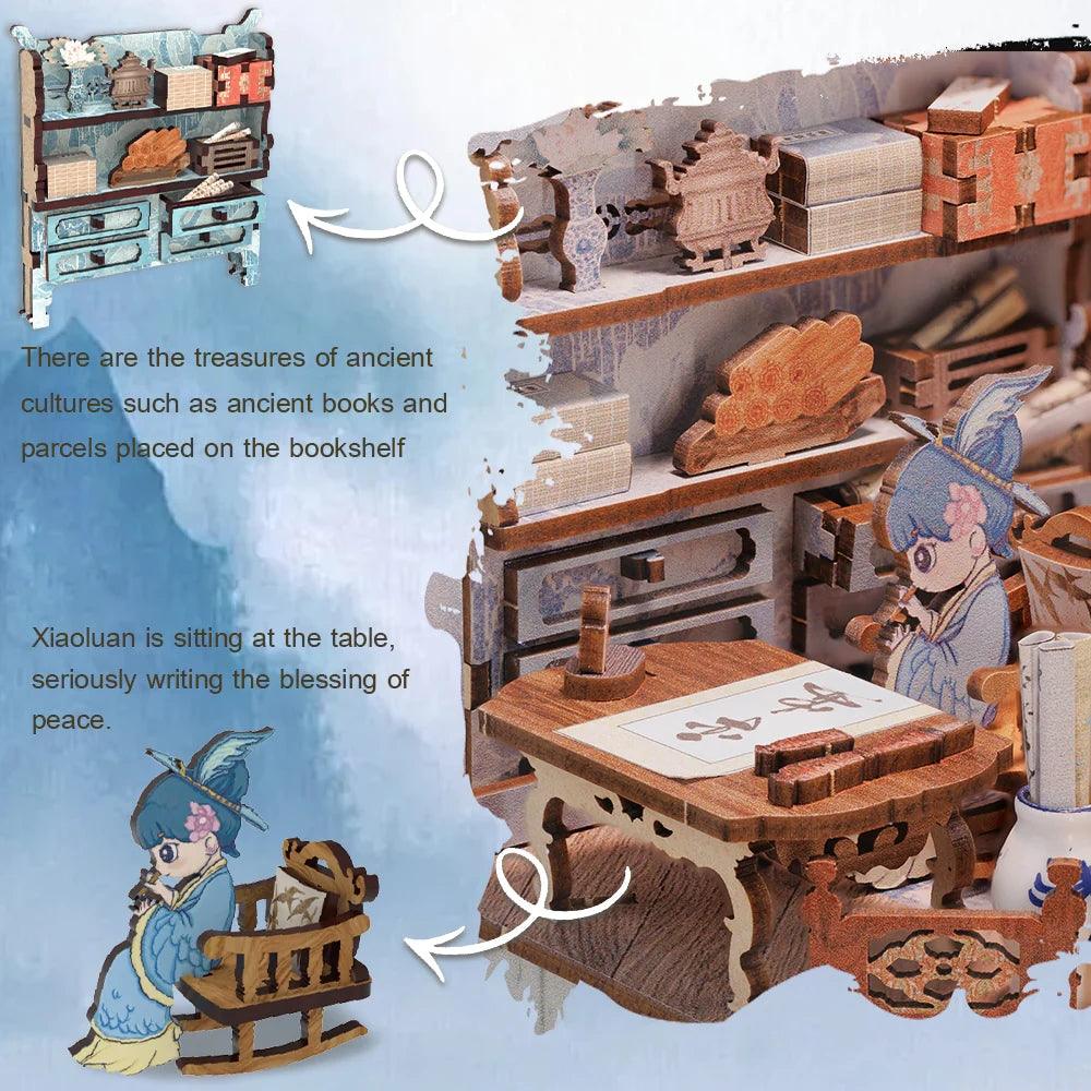 Azure Phoenix Lodge DIY Book Nook Kit, 3D Wooden Puzzles Bookends, Bookshelf Insert Decor Model, Miniature House Book Stand Diorama