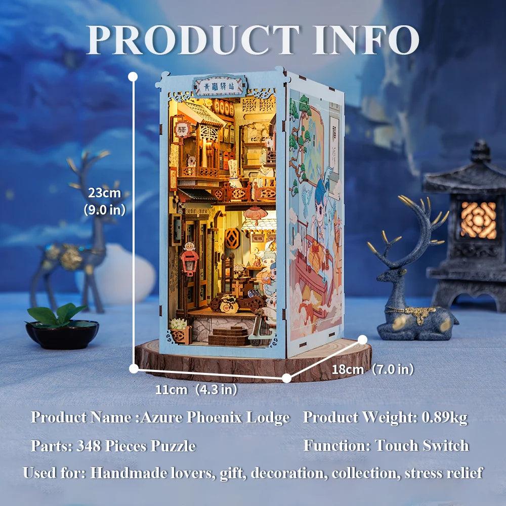 Azure Phoenix Lodge DIY Book Nook Kit, 3D Wooden Puzzles Bookends, Bookshelf Insert Decor Model, Miniature House Book Stand Diorama