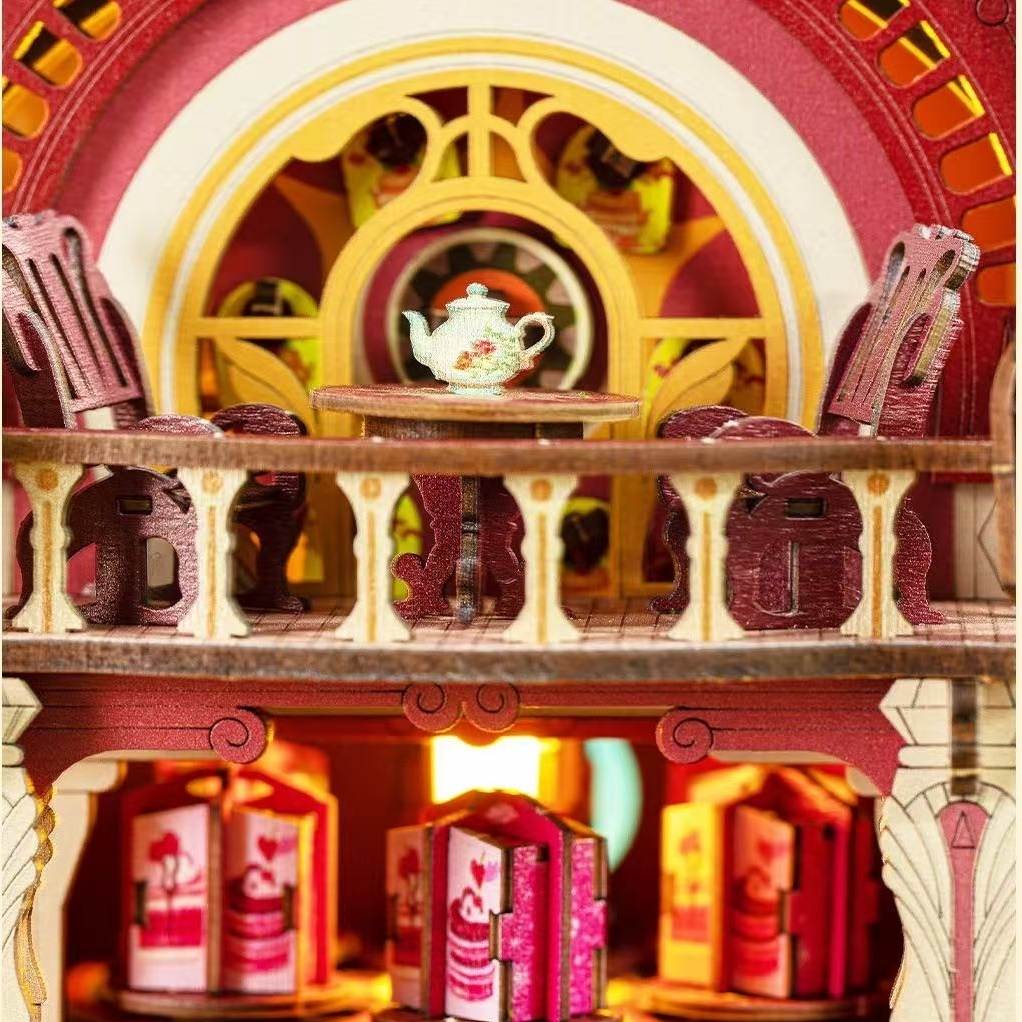 Miniature tea set on a wooden table with intricate details in a Dessert Shop puzzle model