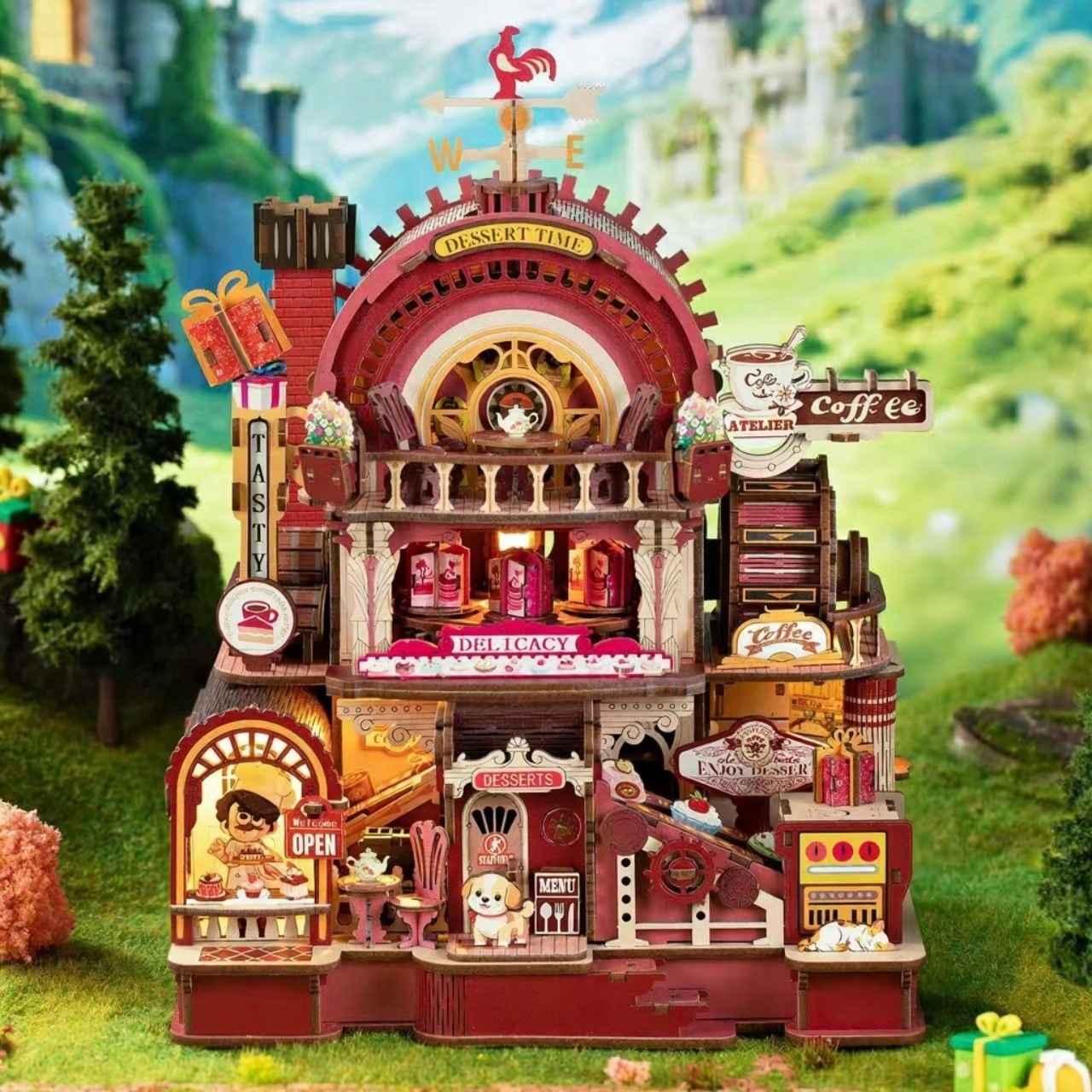 Toy Dessert Shop set with detailed architecture and characters in a scenic outdoor setting