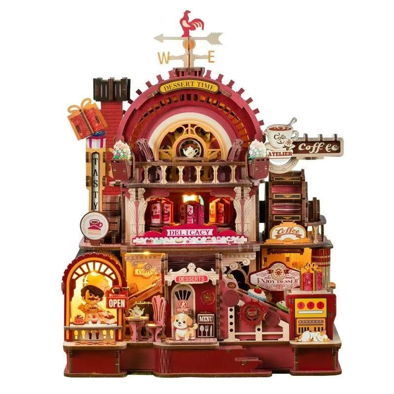 Detailed 3D wooden mechanical puzzle model of a vintage-style dessert shop with various signs and decorations on a white background.