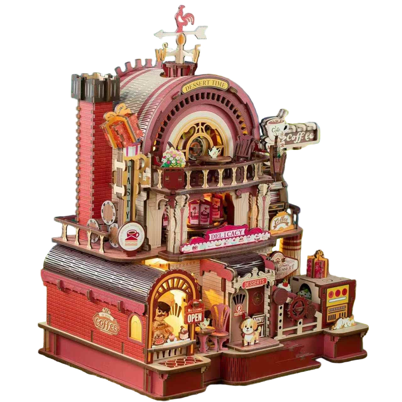3D Wooden Puzzle Model with detailed cafe architecture and miniature furniture against a scenic background