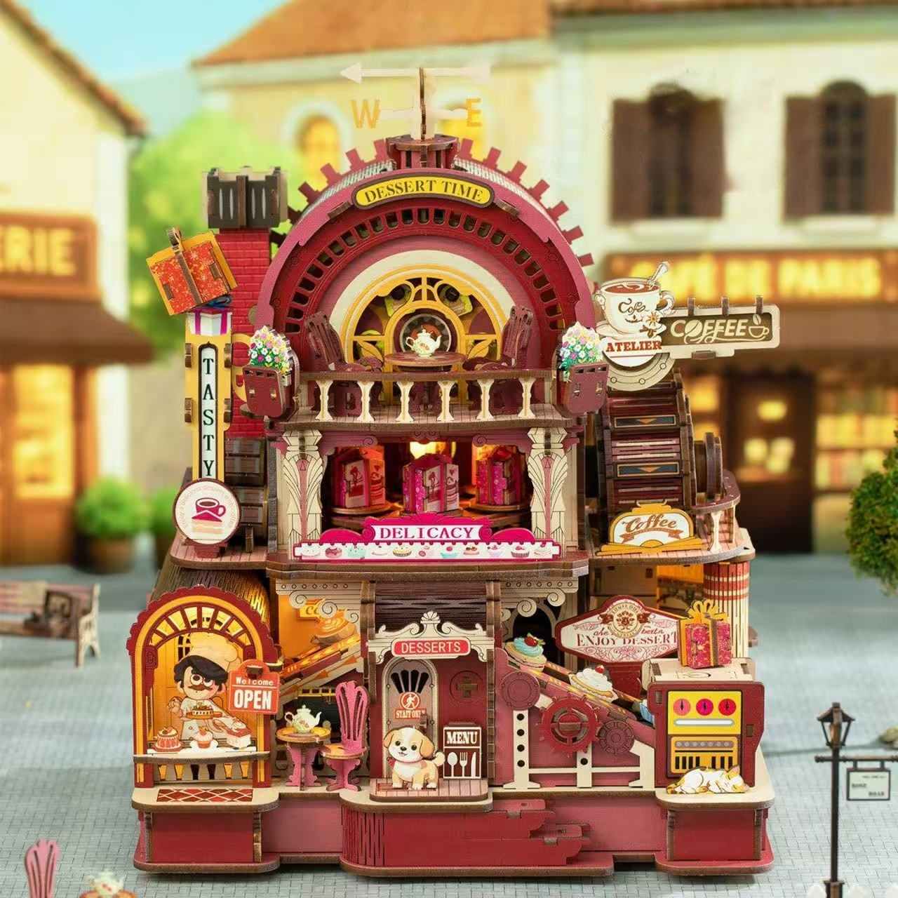 wooden puzzle model café set with detailed architecture and decorative elements on a street background