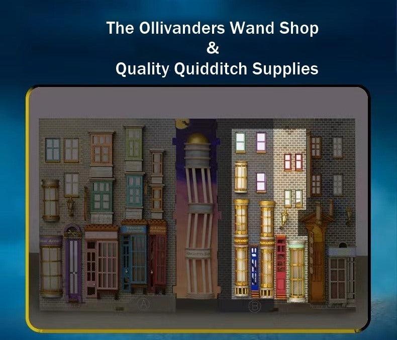 Colored Version of Diagon Alley DIY Book Nook Kit, A charming bookshelf insert decor miniature 3d wooden puzzles inspired by Harry Potter, perfect for crafting enthusiasts and dollhouse collectors alike. The Ollivanders Wand Shop and Quality Quidditch Supplies