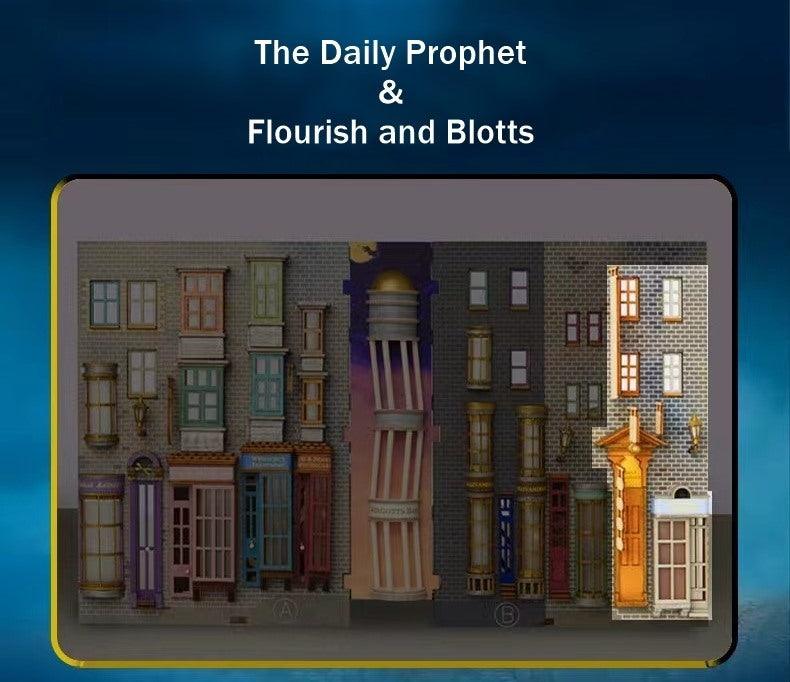 Colored Version of Diagon Alley DIY Book Nook Kit, A charming bookshelf insert decor miniature 3d wooden puzzles inspired by Harry Potter, perfect for crafting enthusiasts and dollhouse collectors alike. The Daily Prophet and Flourish and Blotts