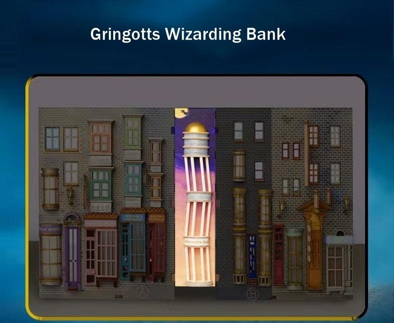 Colored Version of Diagon Alley DIY Book Nook Kit, A charming bookshelf insert decor miniature 3d wooden puzzles inspired by Harry Potter, perfect for crafting enthusiasts and dollhouse collectors alike. Gringotts Wizarding Bank