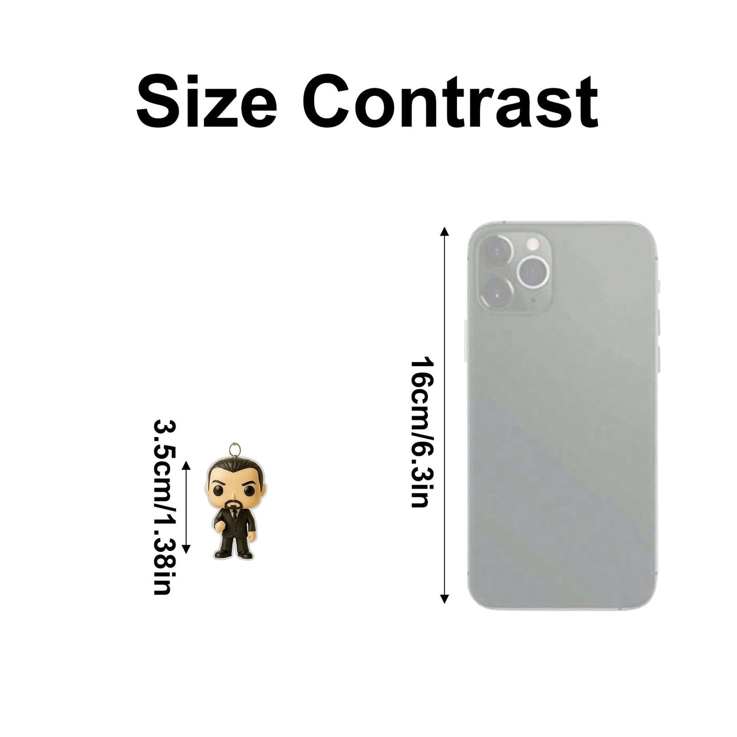 Size comparison between a phone case and a figurine with measurements on a white background.