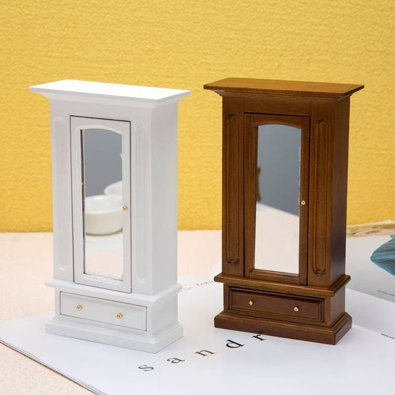 Brown and White Miniature Bedroom Wardrobe with mirror for Dollhouses in 1:12 scale