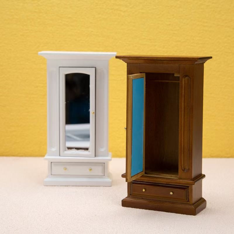 Brown and White Miniature Bedroom Wardrobe with mirror for Dollhouses in 1:12 scale