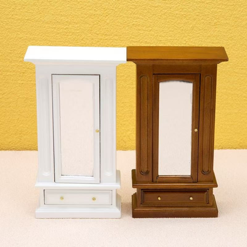 Brown and White Miniature Bedroom Wardrobe with mirror for Dollhouses in 1:12 scale