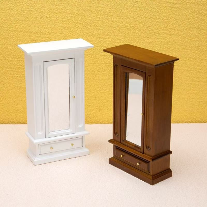 Brown and White Miniature Bedroom Wardrobe with mirror for Dollhouses in 1:12 scale
