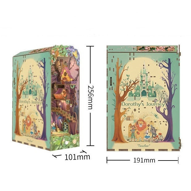 book nook with 'Dorothy's Journey' design, showing dimensions on a white background.