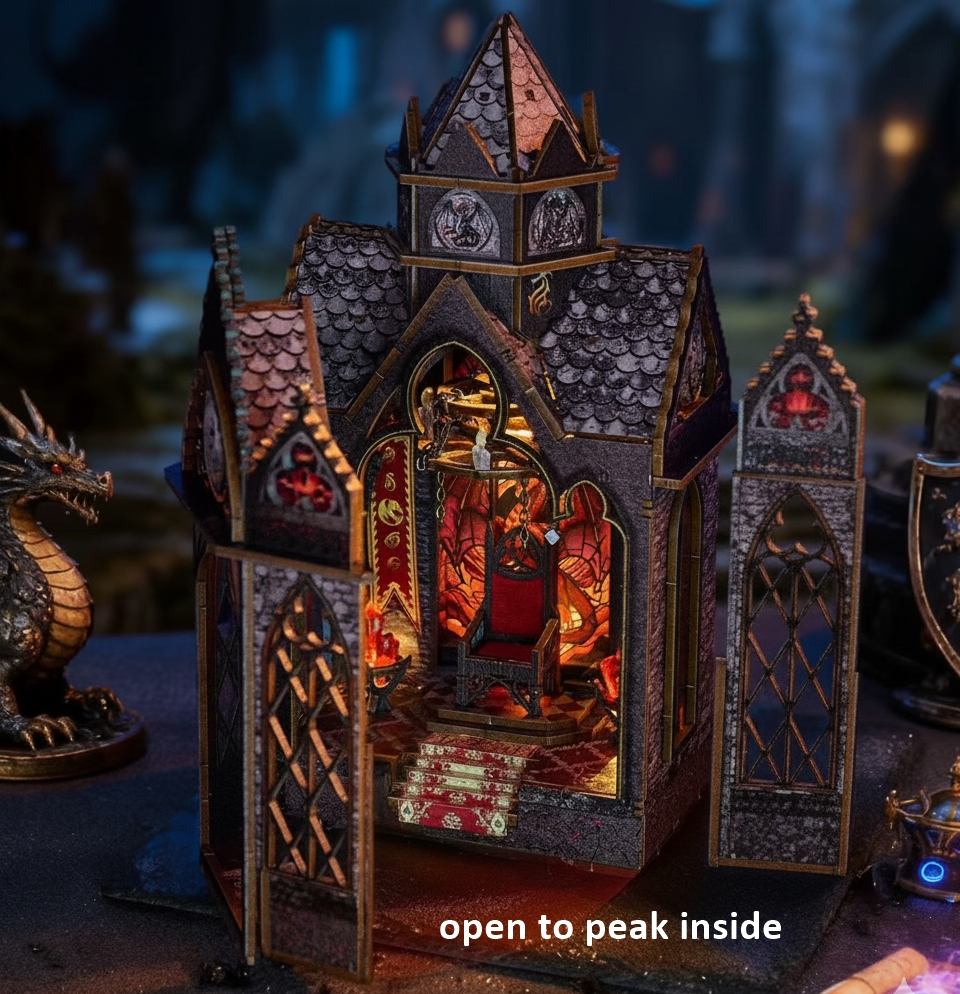 Gothic-style miniature building with intricate details and warm lighting.