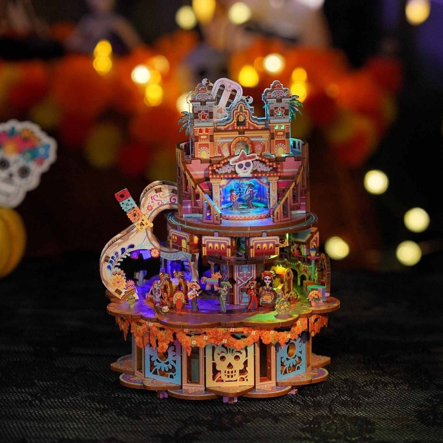 Decorative Halloween themed music box inspired by Pixel film Coco with lights and figures