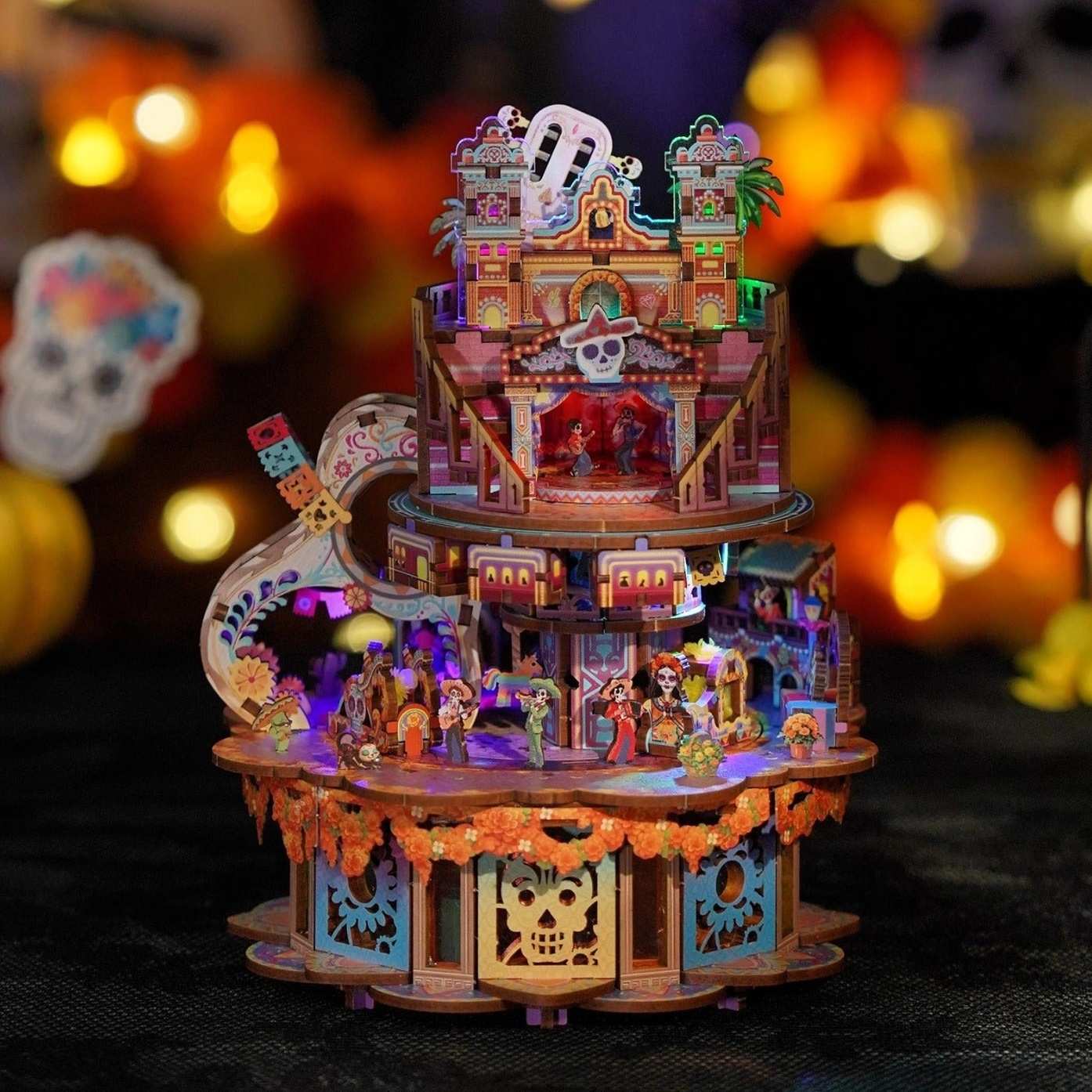 Decorative Halloween-themed wooden model with Coco-Inspired scenes