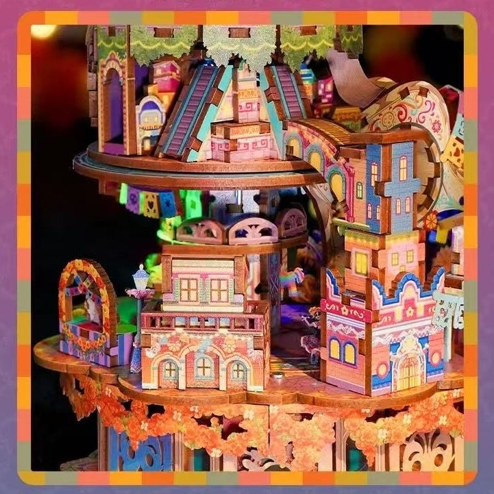 Coco-Inspired miniature scenes in colorful 3D puzzle with intricate design and multiple levels.