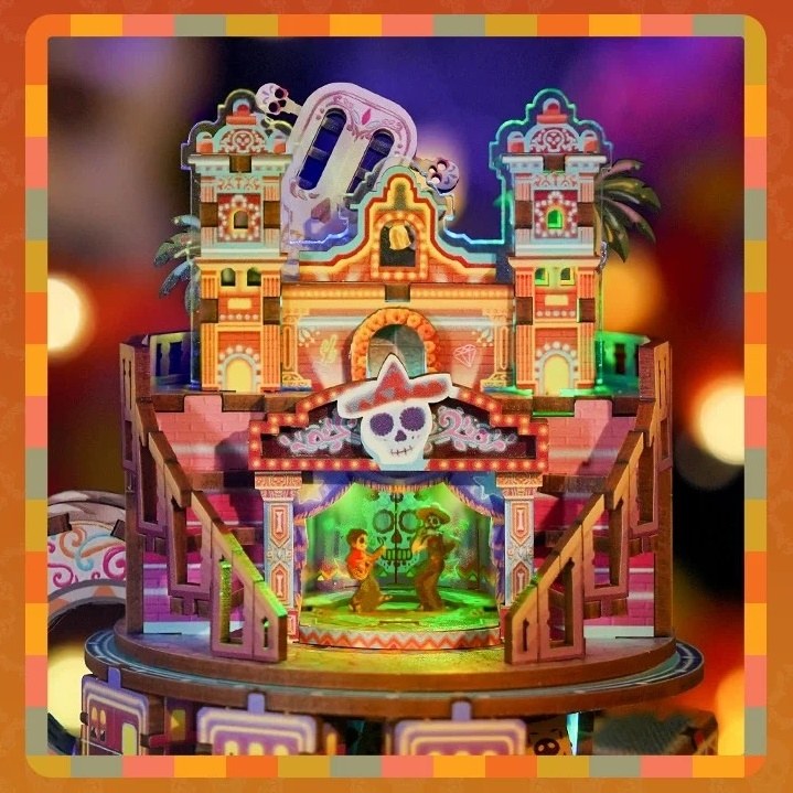 Colorful 3D puzzle with a festive design inspired by Pixel film Coco featuring a skeleton and decorative elements.