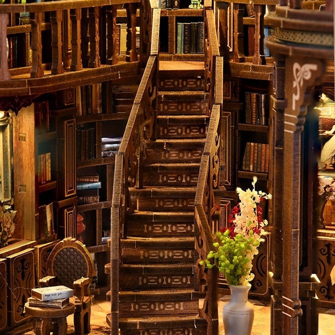 miniature wooden staircase in a library setting with books and decorative elements.