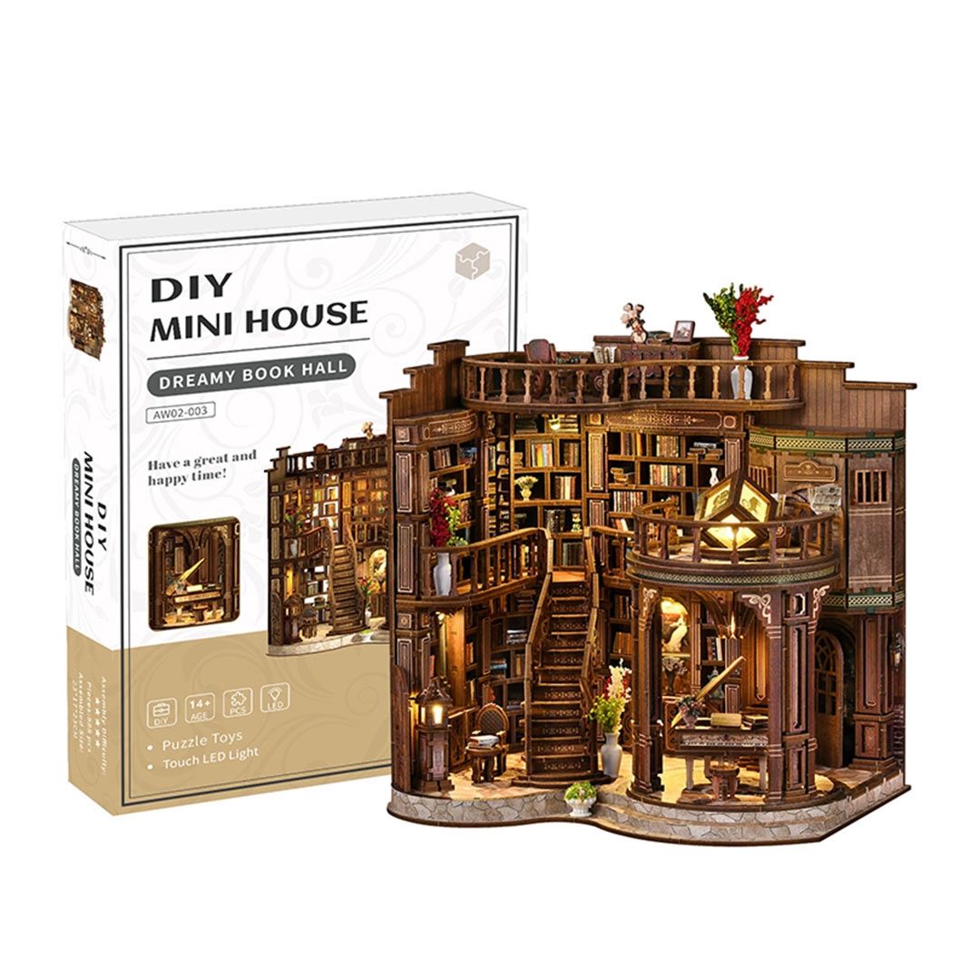 mini Dreamy Book Hall with detailed interior and packaging on a white background