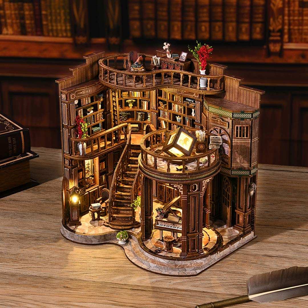 assembled and lit Dreamy Book Hall Miniature House, a library dollhouse with bookshelves and decorative elements in a library setting