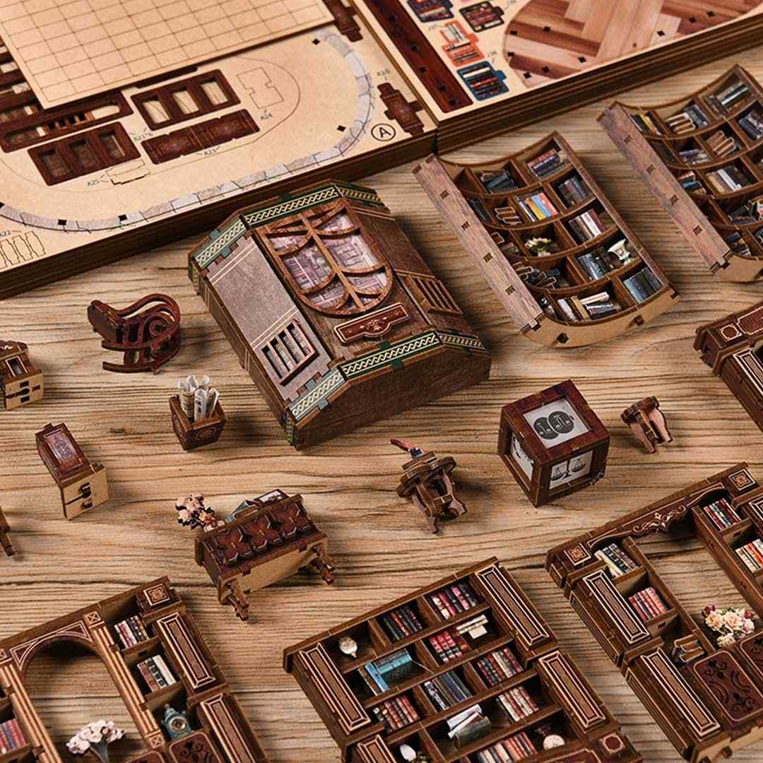detailed wooden furniture of Dreamy Book Hall Miniature House on a wooden surface.