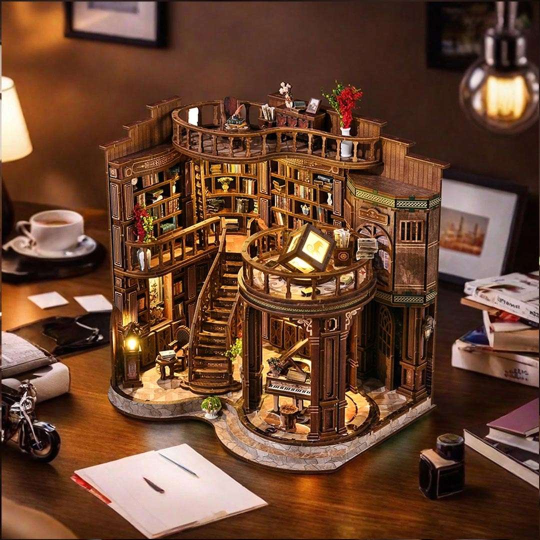 image displaying the detailed multi-story library with bookshelves on a wooden table.