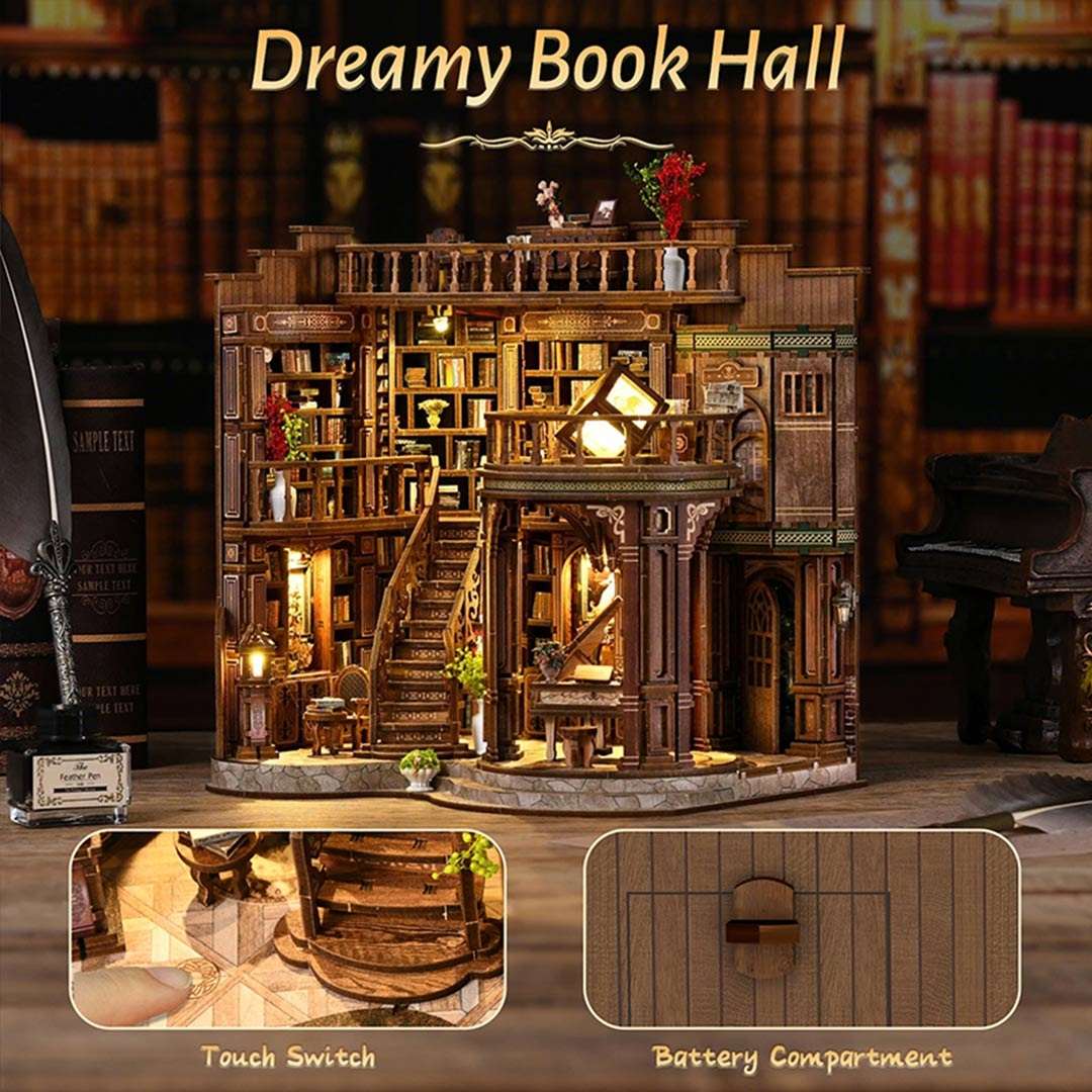 Wooden Dreamy Book Hall Miniature House with detailed interior, labeled 'Dreamy Book Hall', and close-up the touch switch and battery case