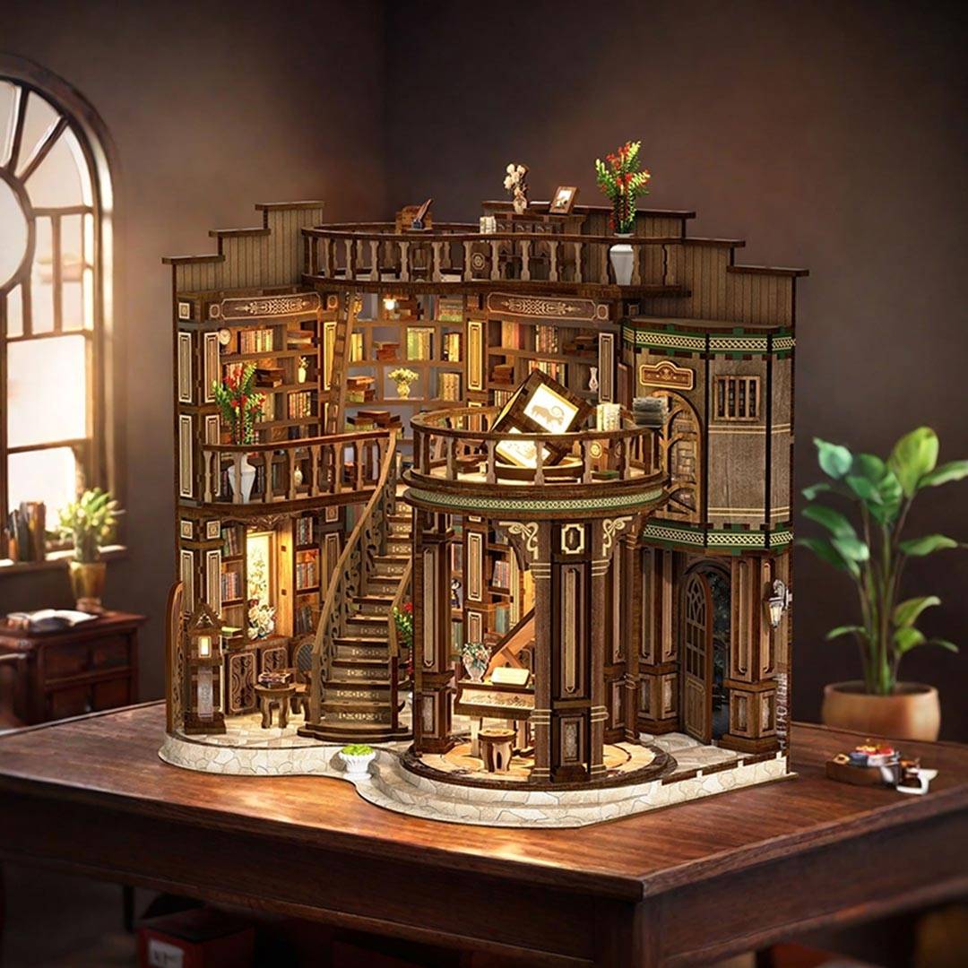 Detailed Dreamy Book Hall Miniature House, a retro-style library on a wooden table with plants around.