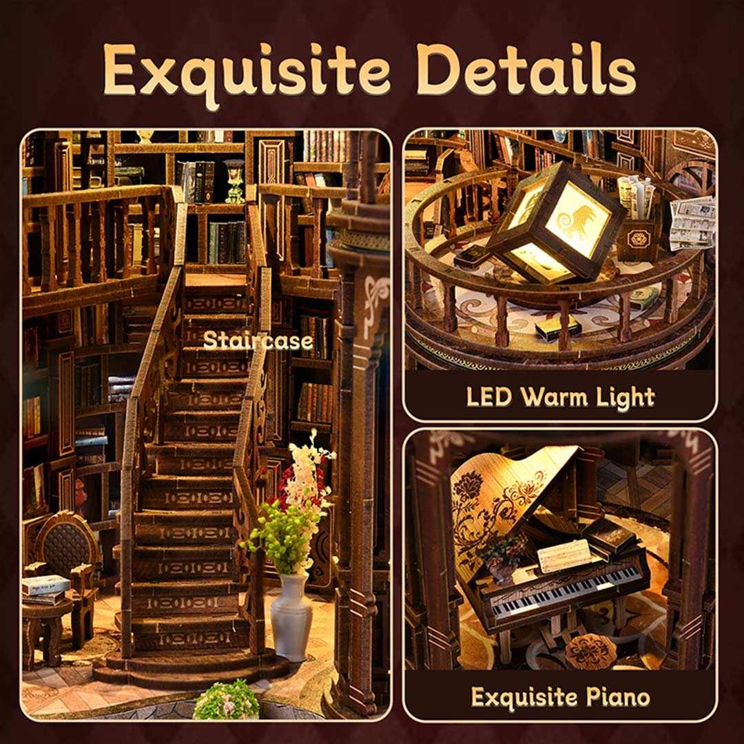 Collage of a wooden staircase, a glowing wooden cube on balcony, and piano in a room, showcasing the exquisite details of Dreamy Book Hall Miniature House