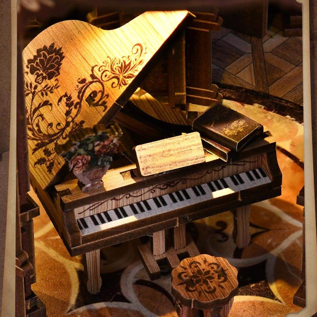 Wooden piano with intricate designs on a patterned floor in Dreamy Book Hall Miniature House