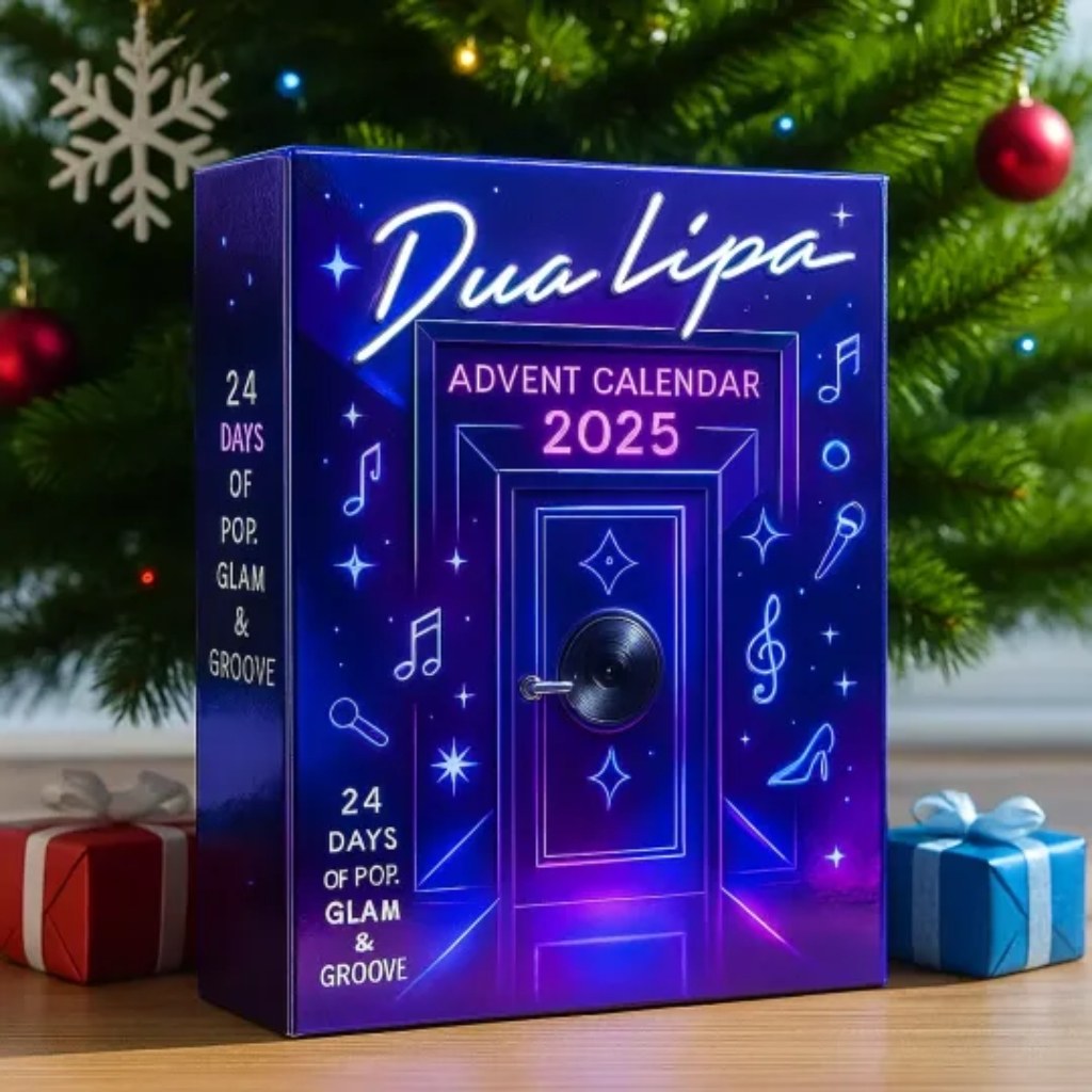 Advent calendar box for Dua Lipa 2025 with Christmas tree and presents in the background