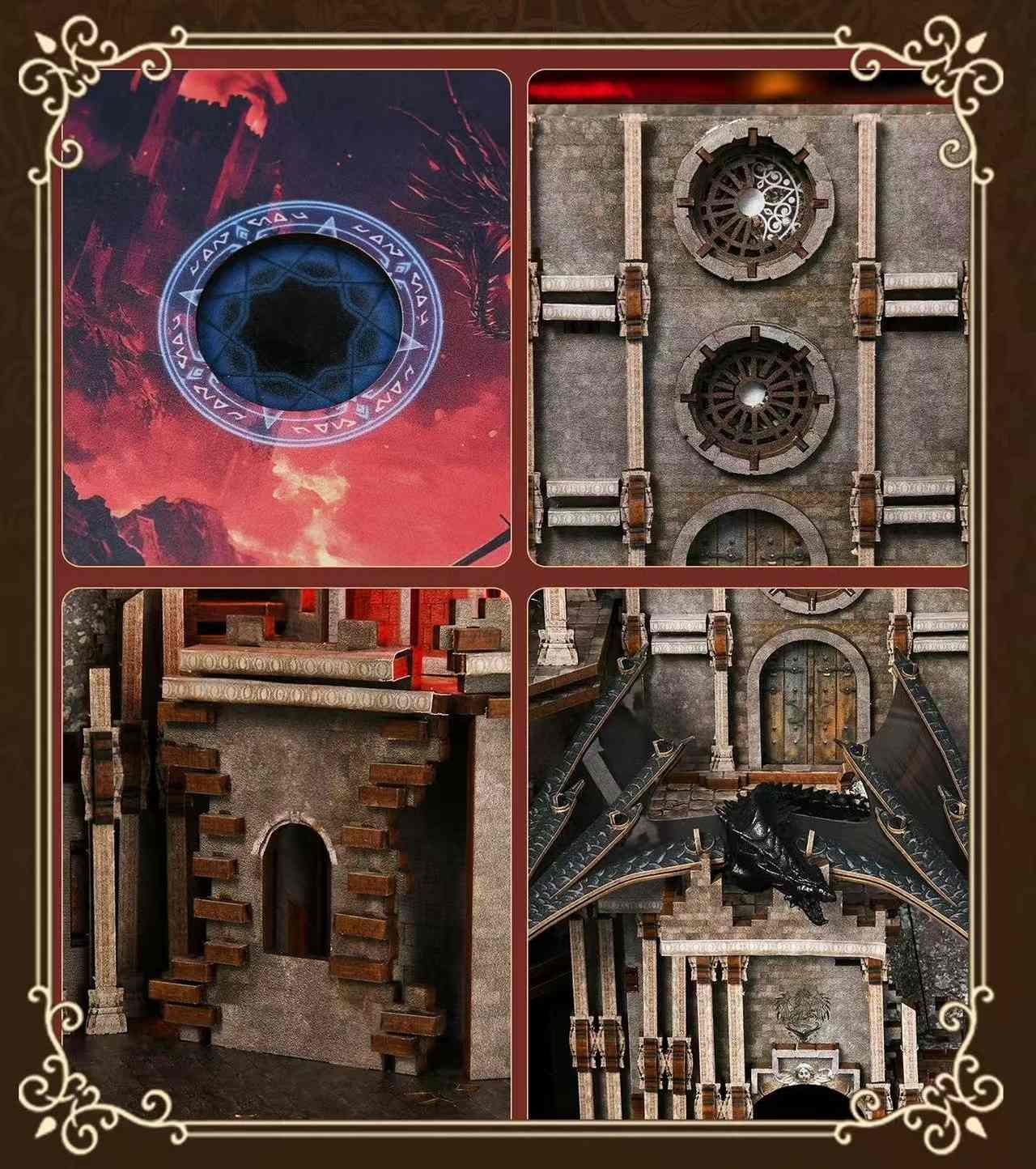 Collage of gothic architecture elements with a dragon and celestial design in book nook model