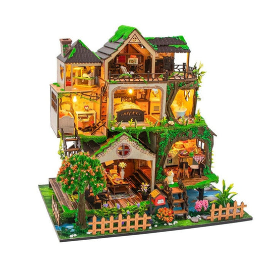 image displaying the assembled and lit Fairy Tale Forest Miniature House in white background