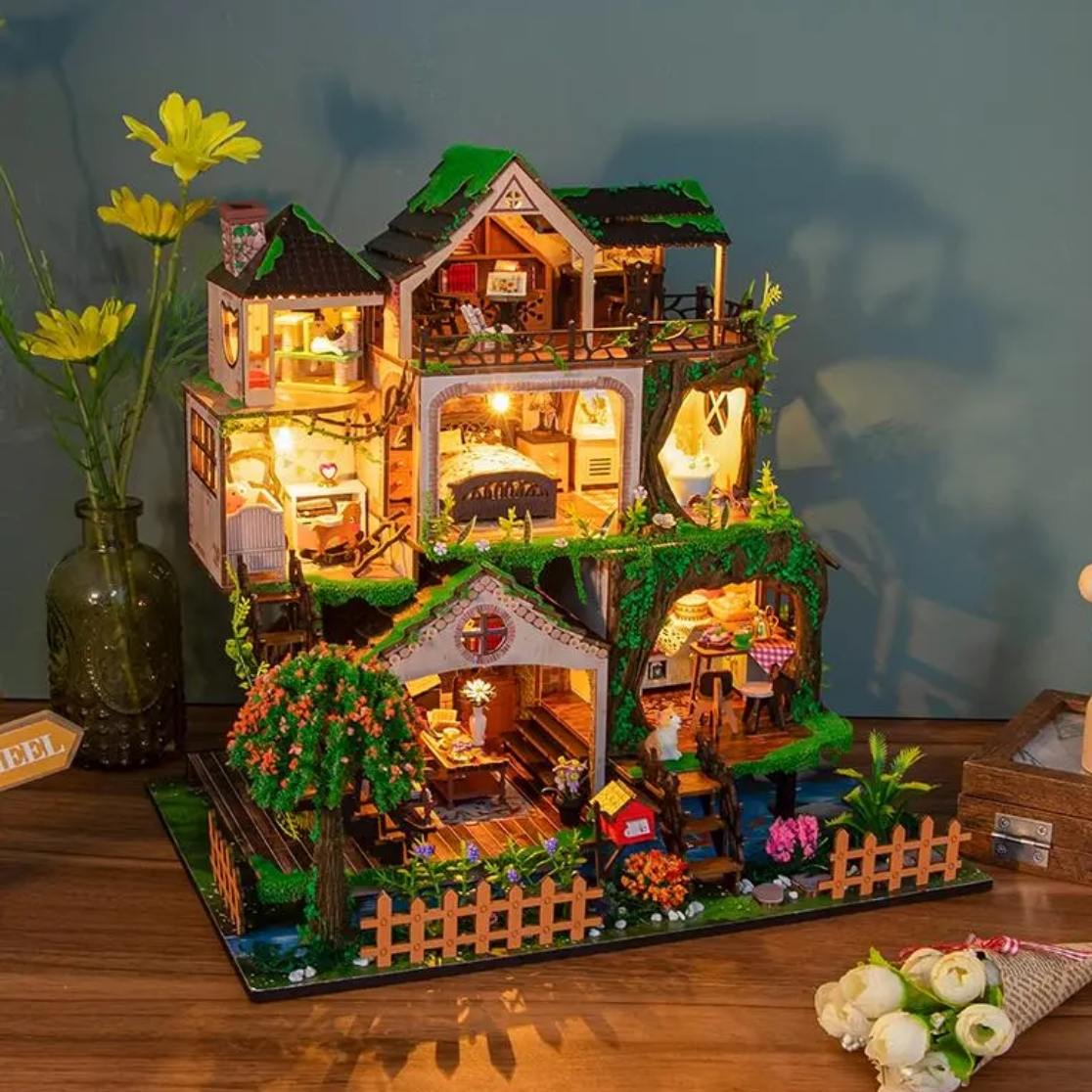 assembled and lit Fairy Tale Forest Miniature House on table