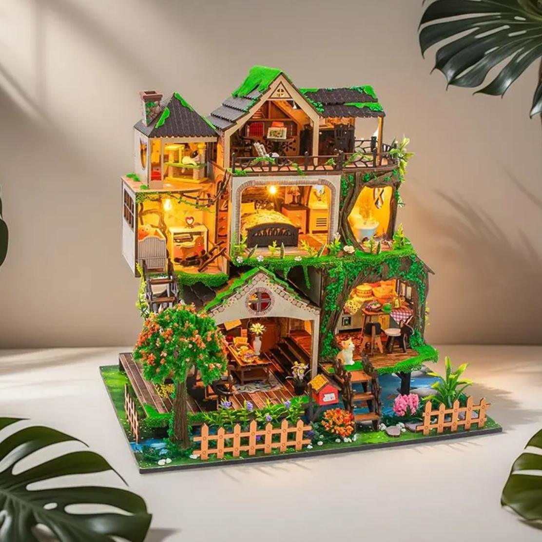 image displaying the finished Fairy Tale Forest Miniature House on table