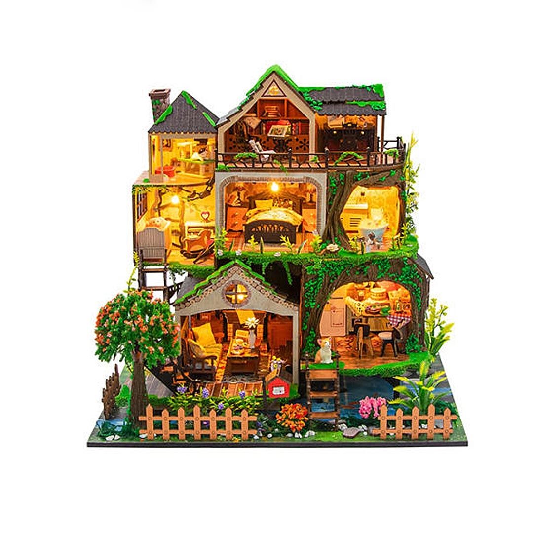 image displaying the front side of the assembled and lit Fairy Tale Forest Miniature House in white background