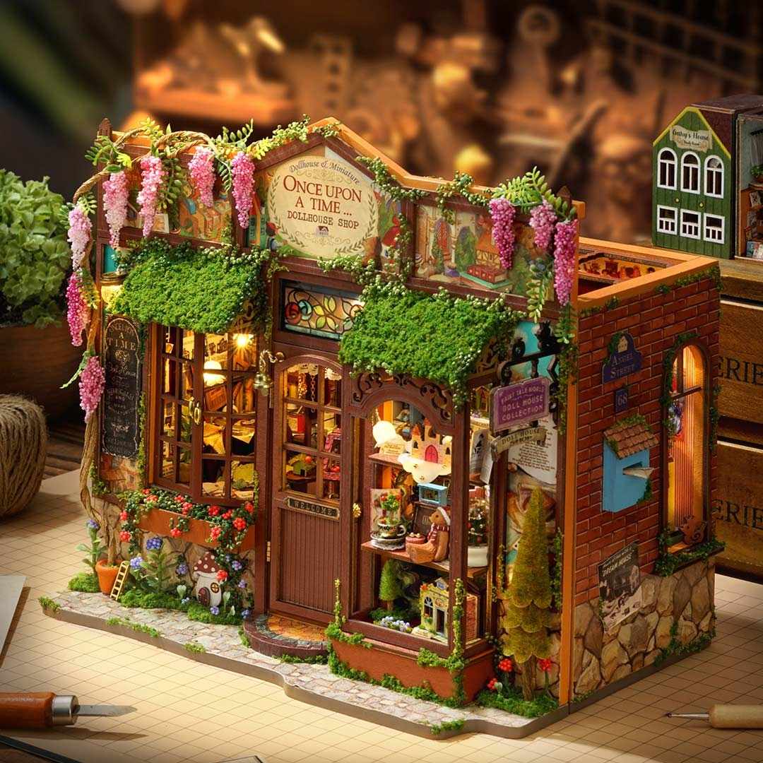 Detailed Miniature House of a retro dollhouse store with decorative elements on table