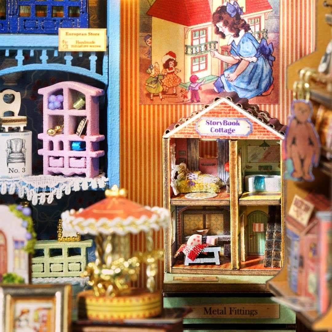 Miniature dollhouse with detailed interior and exterior elements, including a carousel and bookshelf.