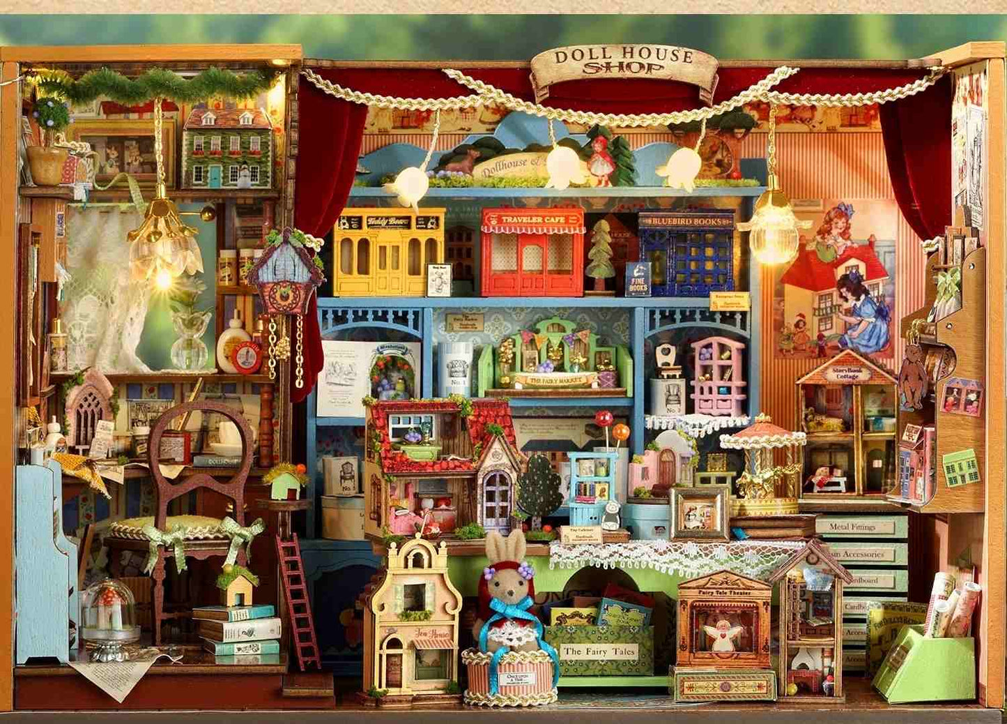 Fairy Tale Dollhouse shop with various miniature dollhouses and accessories