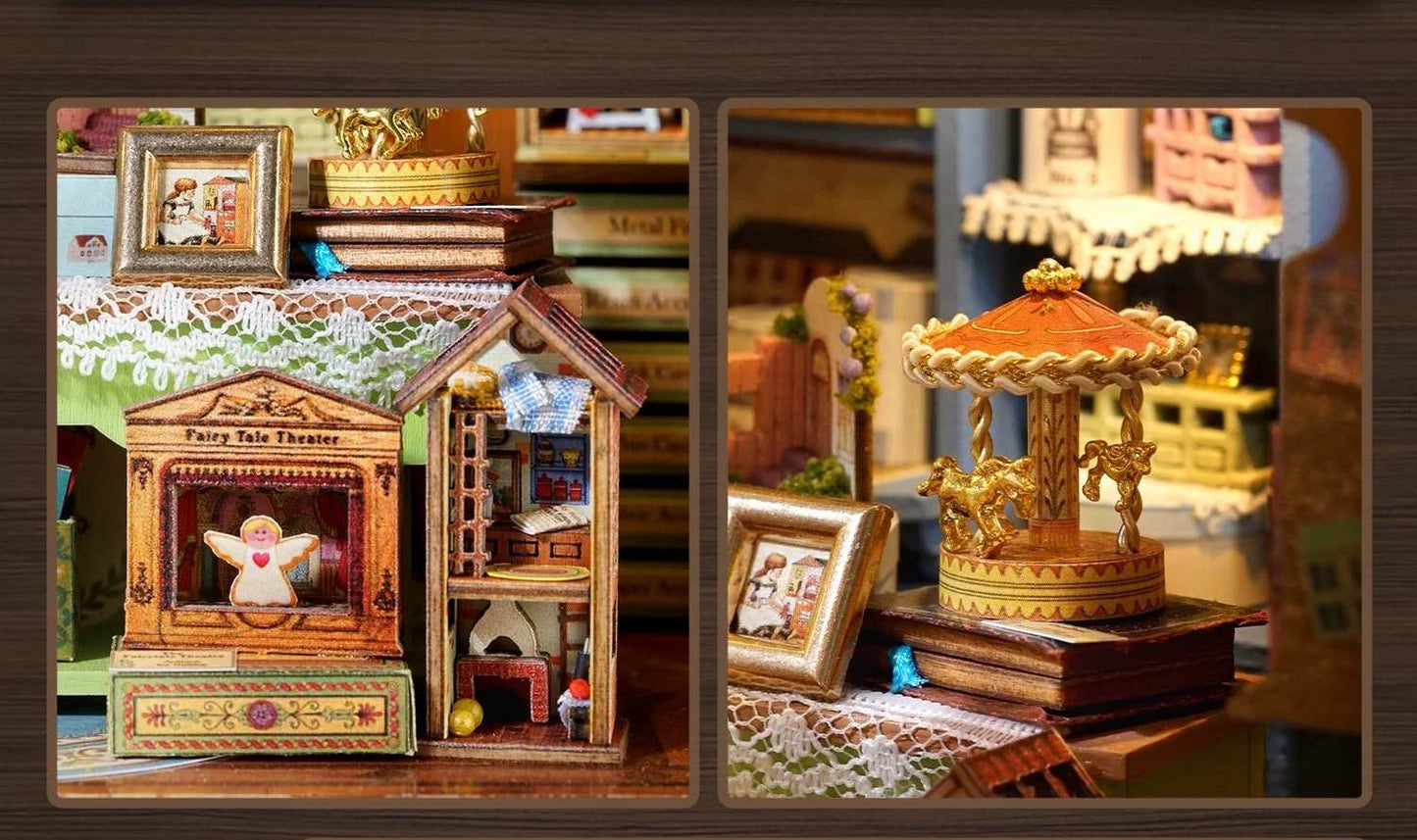 Two wooden miniatures in the Fairy Tale Dollhouse Shop, one with a fairy tale theater and the other with a carousel