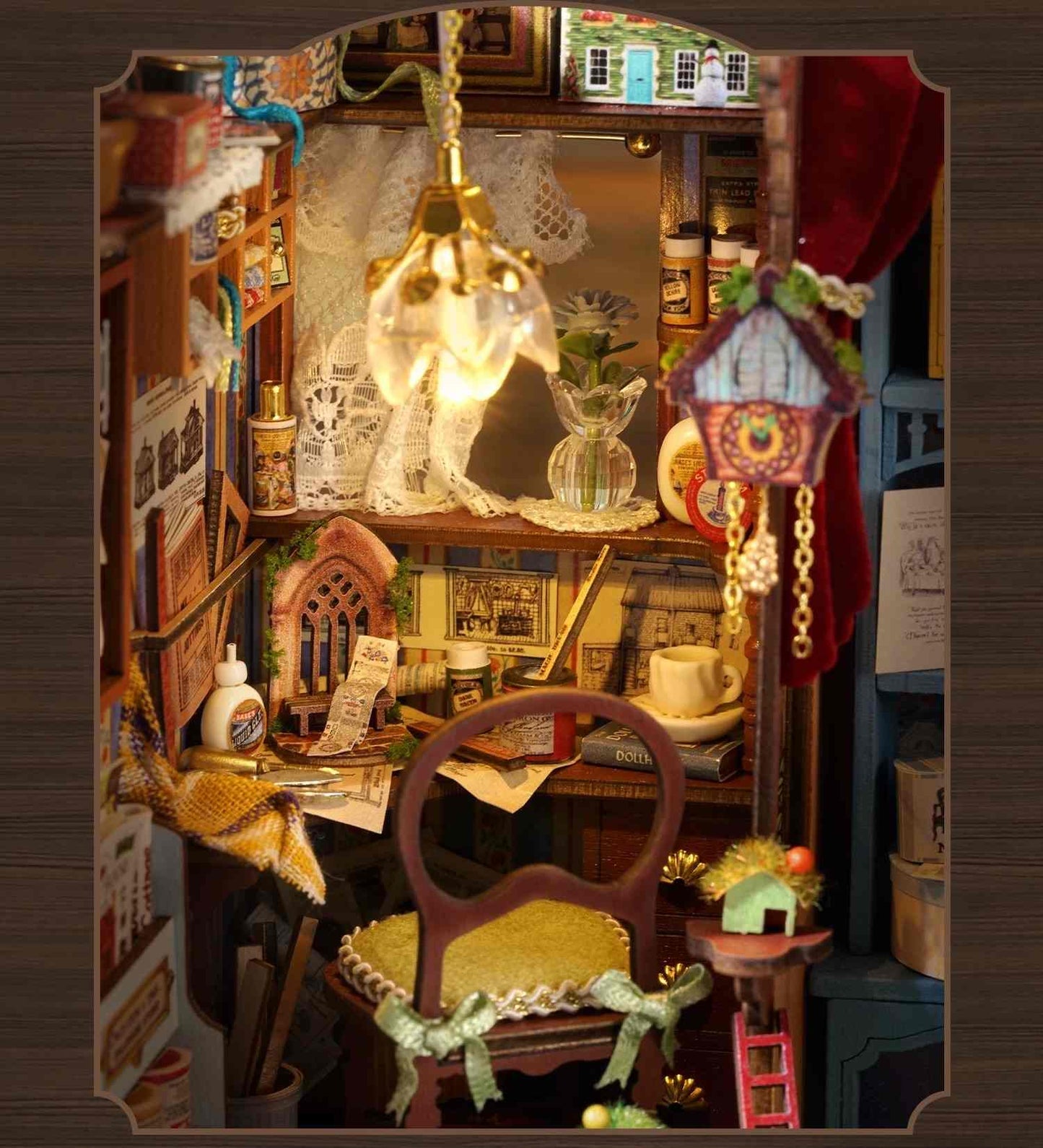 Detailed miniature work corner with furniture and decor elements.
