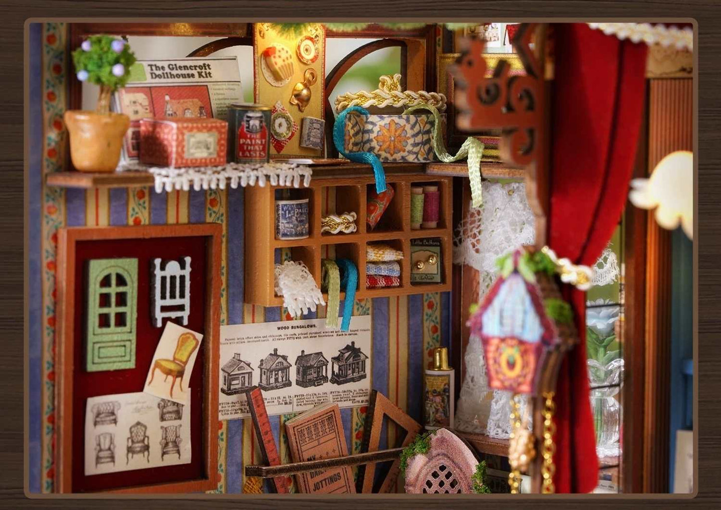 Miniature dollhouse furniture and decor items displayed on a shelf with colorful background