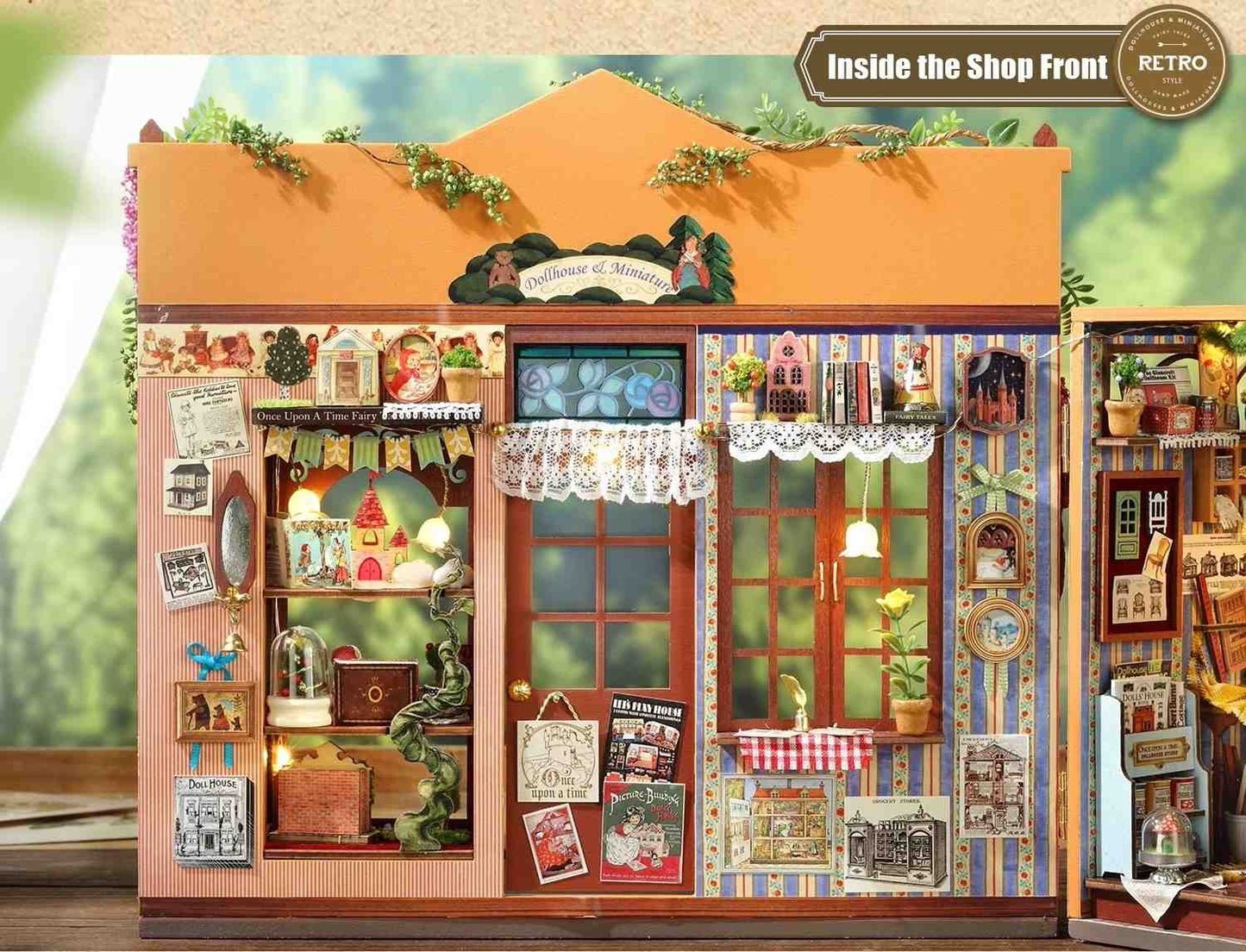 Model of a retro-style shop front with various decorations and products.