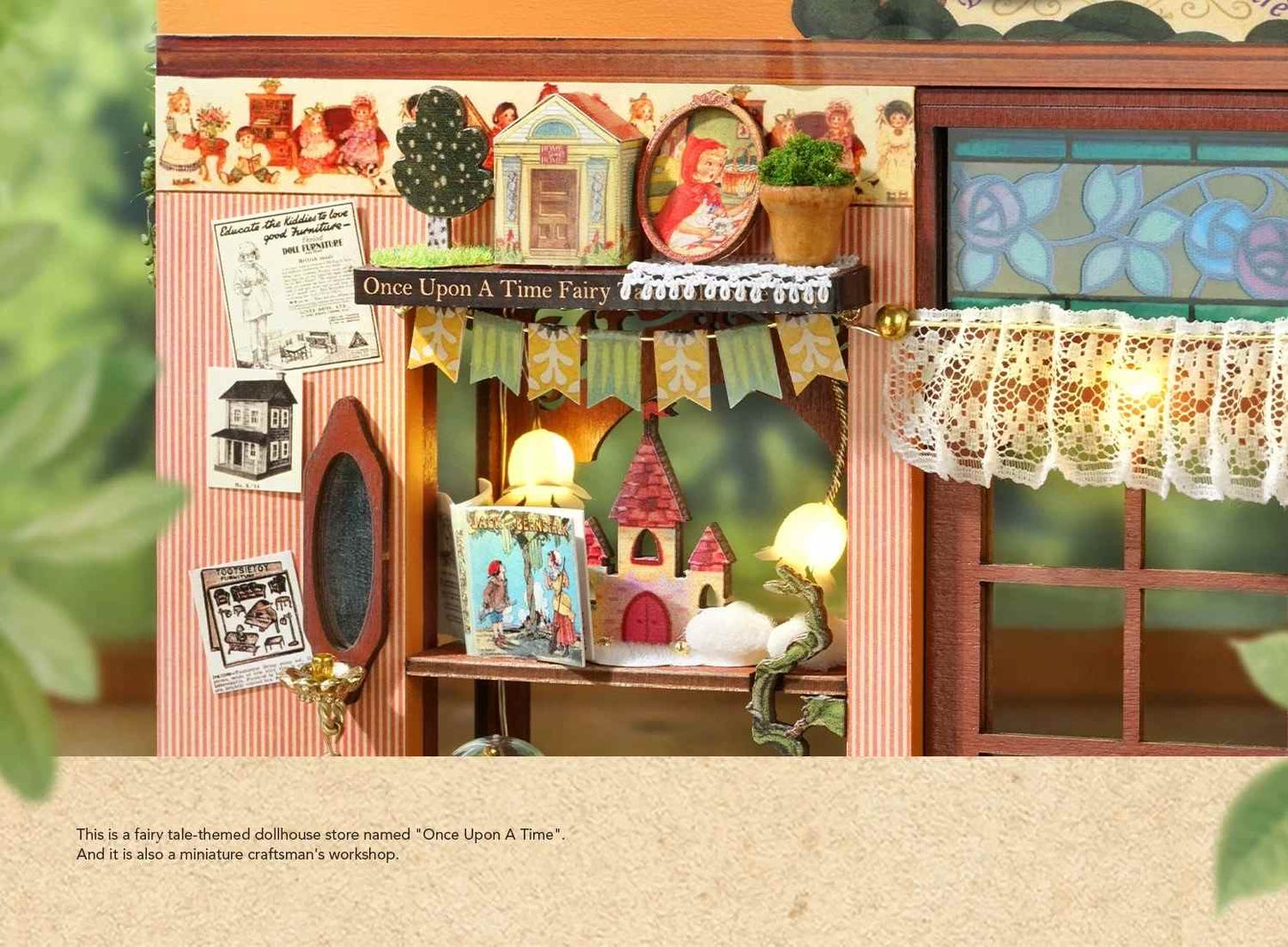 Miniature fairy tale-themed dollhouse with decorative elements and a lamp inside.