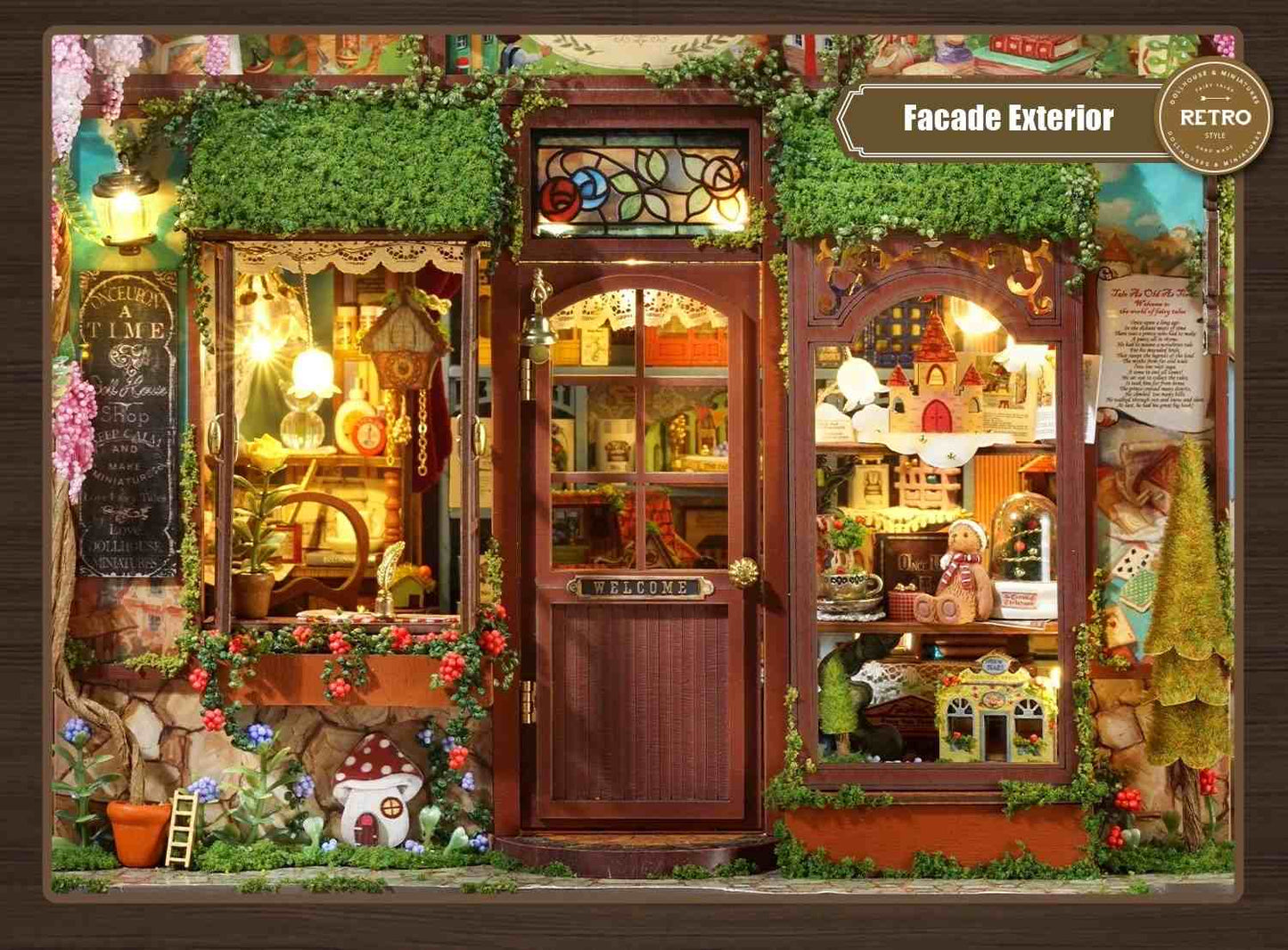 Miniature model of a vintage store facade with detailed interior and decorative elements.