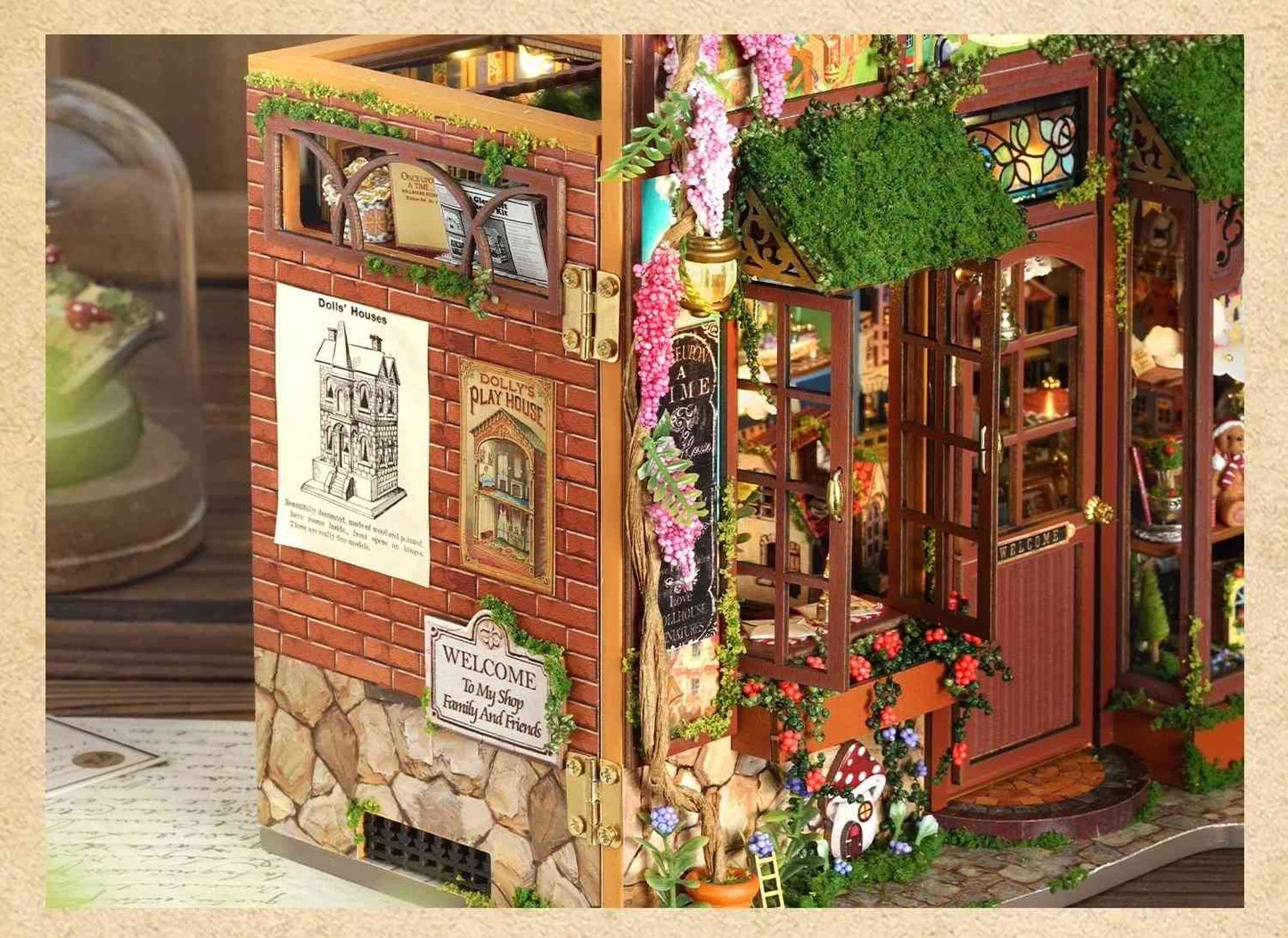 Miniature model of a quaint shop with detailed facade and entrance.